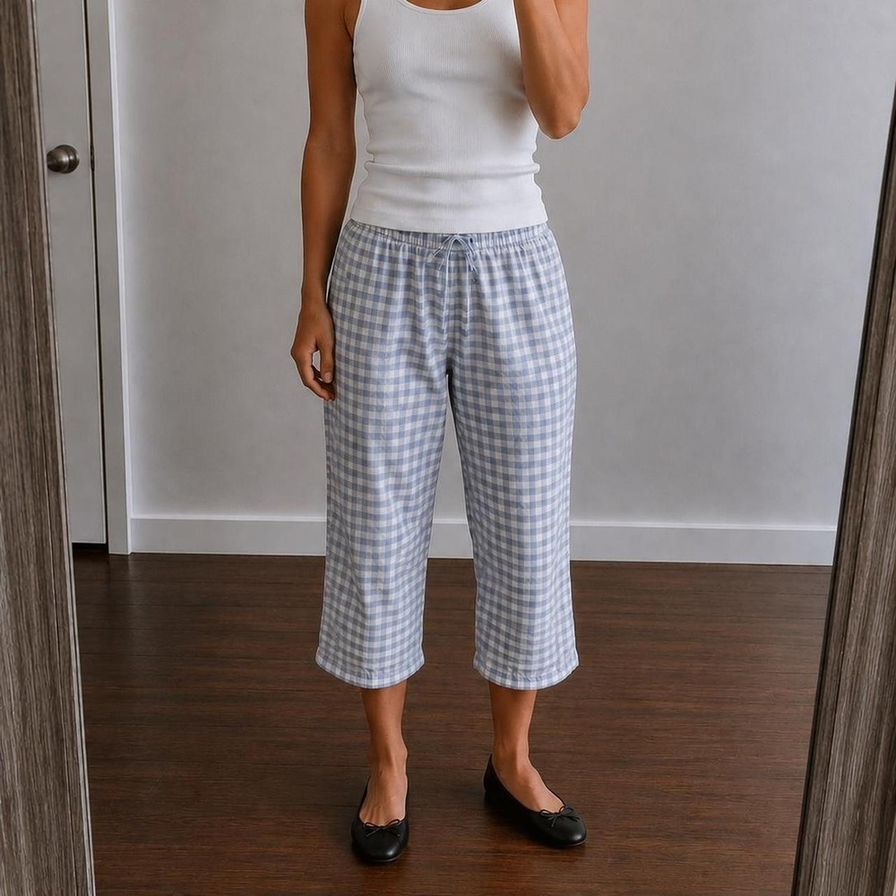 Blue Gingjam Cropped Lounge Capri Pants Women M Cottagecore Coquette Coastal